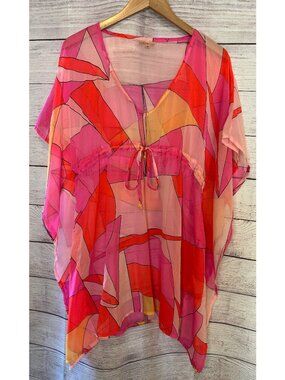 Abstract Colorplay swim or beach cover up, OS one size pink orange